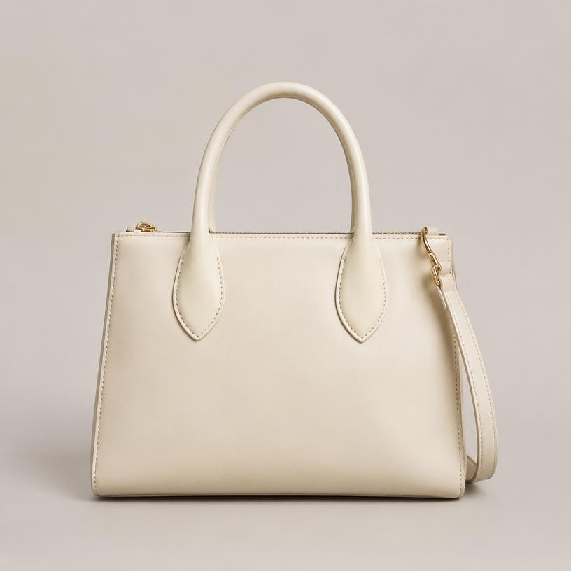 Cream leather handbag photographed on a neutral backdrop